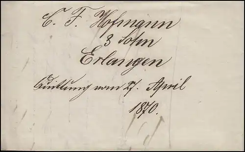 Bayern Quittung Erlangen 27.4.1870 nach Sulzbach [ohne postalische Vermerke]