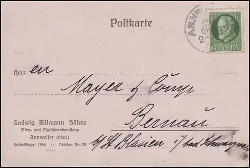 Bayern 113A Ludwig 7 1/2 Pf. EF Postkarte ANNWEILER 29.10.17 nach Bernau