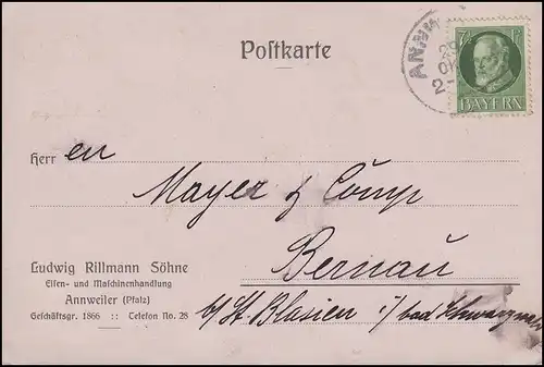 Bayern 113A Ludwig 7 1/2 pf. EF Carte postale ANNWEILER 29.10.17 vers Berne