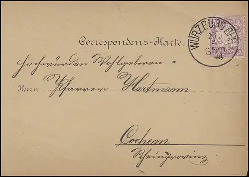 Bayern 5 Pf. Wappen EF Postkarte WÜRZBURG BHF. 26.4.84 nach Cochem