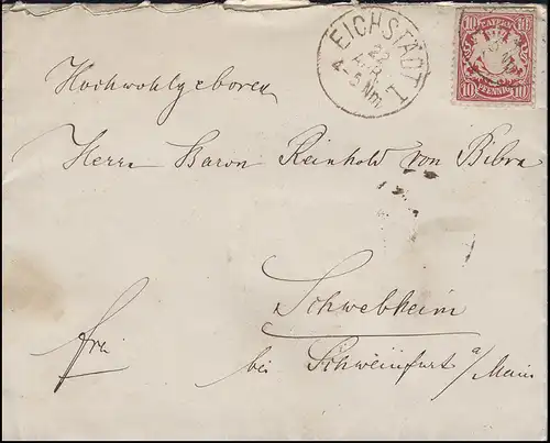 Bayern 10 Pfennig EF Bf. EICHSTÄDT I. - 22.4.. n. Schwebheim / SCHWEINFURT 23.4.