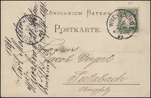 Bayern 5 Pfennig Wappen EF Postkarte WÜRZBURG I. - 28.9.91 nach SULZBACH 29.9.91