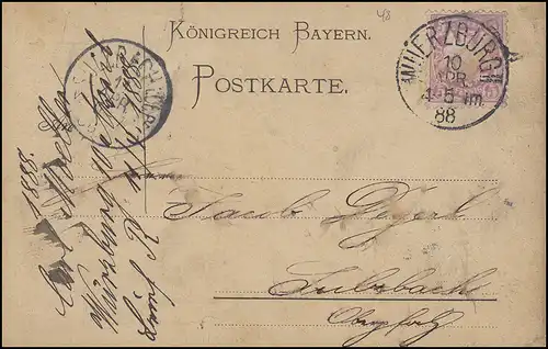 Bayern 5 Pf. Wappen EF Carte postale WÜRZBURG II - 10.4.88 vers SULZBACH 11.4.87