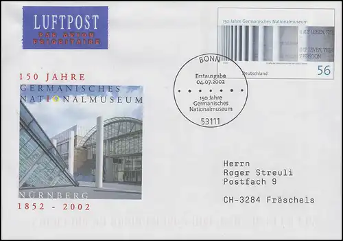 USo 40 Germanisches Nationalmuseum Nürnberg, FDC ESSt Bonn 4.7.2002