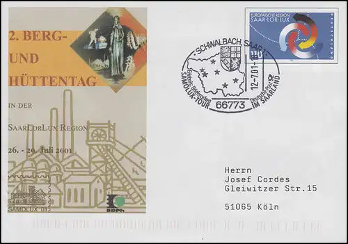 USo 29 SAMOLUX Berg- und Hüttentag, FDC ESSt Schwalbach Samolux-Tour 12.7.2001