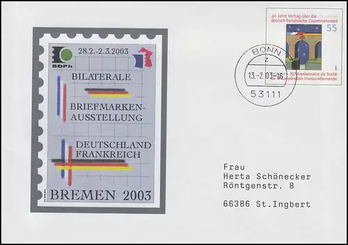 USo 52 Bilaterale Ausstellung Bremen, FDC Ersttagsstempel Bonn 13.2.03