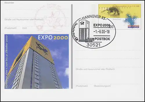 PSo 69 EXPO Hannover 2000, SSt Hannover POSTBOX 1.6.2000 & roter Nebenstempel