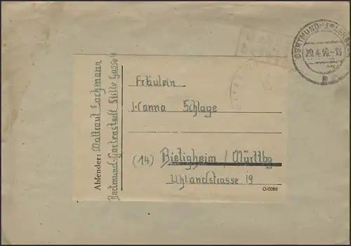 Gebühr bezahlt - Stempel auf Brief DORTMUND-APLERBECK 29.4.46 nach Bietigheim