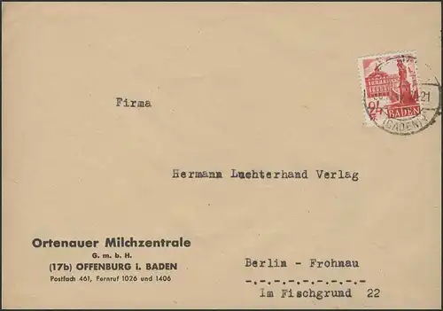 8 marque libre 24 Pf EF Fern-Brief Offenburg 30.10.1947