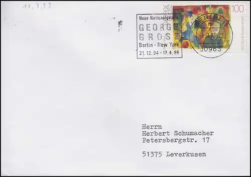 1656 Georg Grosz 100 Pf. EF Bf Berlin Neue Nationalgalerie GEORG GROSZ 2.1.95