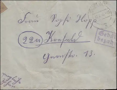Gebühr-bezahlt-Stempel auf Brief BOPPARD 30.4.1946 nach Krefeld