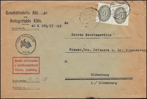 Dienstmarke 120 Strohhut 30 Pf MeF Brief Amtsgericht KÖLN 10.1.29 nach Oldenburg