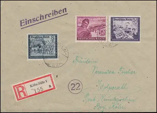 889 etc. bloc de camarade R-Lettre KÖLN-SÜLZ 13.8.44 vers NEUKIRCHEN 14.8.45