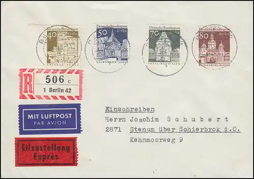 276-280 Bauwerke 40, 50, 70 und 80 Pf. Eil-R-Brief BERLIN 6.1.69 nach Stenum