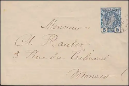 Monaco Umschlag U 1 Fürst Karl 5 C. blau als Ortsbrief MONACO 1888