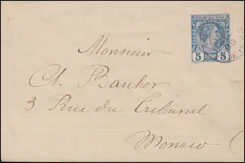 Monaco couverture U 1 Prince Charles 5 C. bleu comme lettre locale MONACO 1888