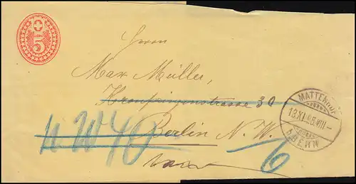 Schweiz Streifband S 12 Ziffer im Oval 5 C. karmin, MATTENHOF / BERN 13.11.1895