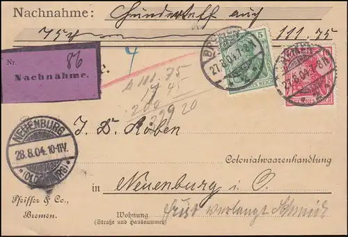 70+71 Germania MiF Carte postale BREMEN 27.8.204 vers Neuenburg 28.8.