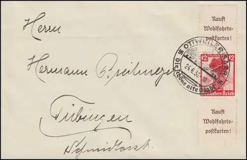 L'impression de la S 240 comme EF sur la lettre SSt OTTWEILER (SAAR) 24.6.36