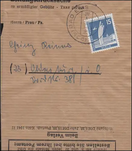 145 Berliner Stadtbilder EF sur Zeitungsschichtsbericht/ Streifband BAD EMS 19.2.60