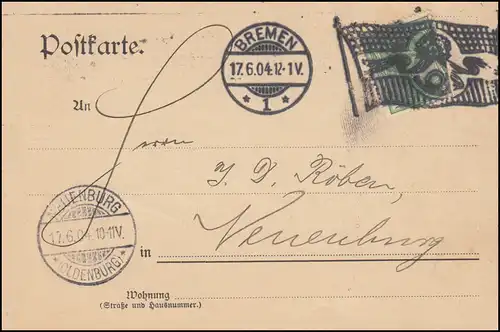 Flaggenstempel BREMEN 17.6.1904 auf Postkarte nach NEUENBURG/OLDENBURG 17.6.04