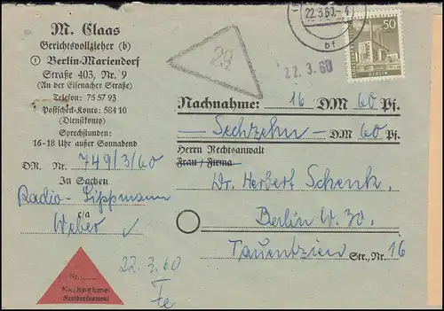 54 Berliner Bauten 50 Pf als EF auf NN-Ortsbrief Teilstempel (BERLIN) 22.3.60