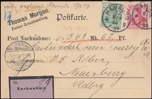 70+71 Germania MiF Nachnahme-Postkarte HAMBURG 8.9.1904 nach NEUENBURG 9.9.04