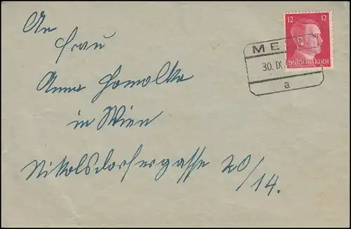 788 Freimarke 12 Pf EF auf Brief mit Inhalt Rahmenstempel MELK 30.9.42 nach Wien