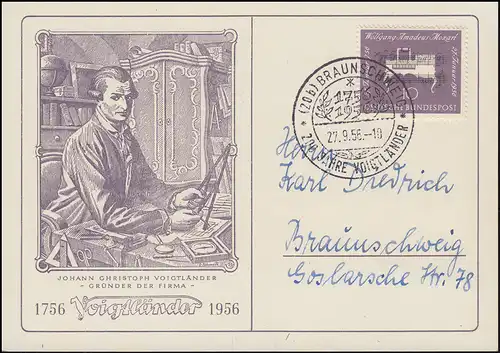 Schmuck-Postkarte 200 Jahre Firma Voigtländer passender SSt BRAUNSCHWEIG 27.9.56