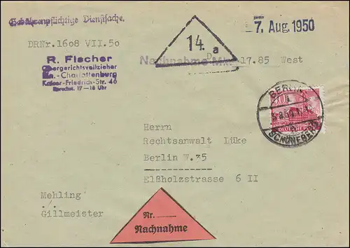 52 Berliner Bauten 40 Pf als EF auf Nachnahme-Brief BERLIN-SCHÖNEBERG 5.8.50