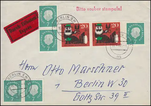 182R Heuss Brief Schnellpost Berlin 16.4.62 ers. Stechuhr FA 1 Station de poste de tube