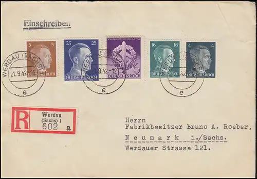 782ff Hitler-Frankatur mit 818 R-Brief WERDAU/SACHS. 21.9.42 nach NEUMARK 21.9.
