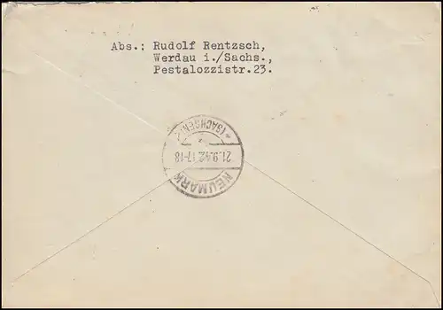 782ff Hitler-Frankatur mit 818 R-Brief WERDAU/SACHS. 21.9.42 nach NEUMARK 21.9.