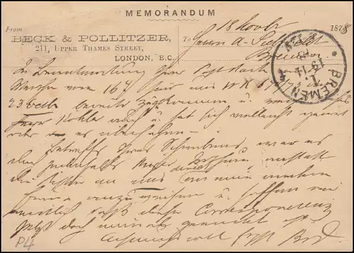 Postkarte P 4 Königin Viktoria DUP LONDON 94 - 18.11.1878 nach BREMEN -19.11.78