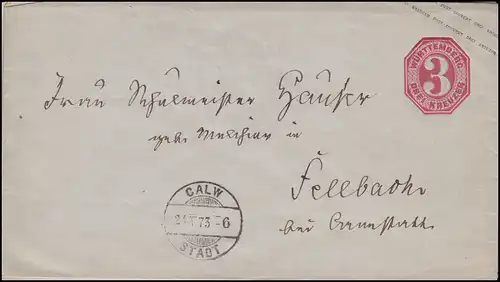 Württemberg Umschlag Große Wertziffer 3 Kreuzer CALW STADT 24.5.1873