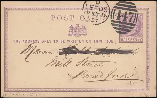 Carte postale P 2 Reine 1/2 P. DUP LEEDS 447 - 19.5.1876 vers BRADFORD 19.05.76