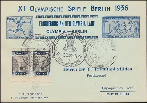 Schmuck-Postkarte Olympia Berlin 1936 aus Griechenland SSt 20.7.36 nach Berlin