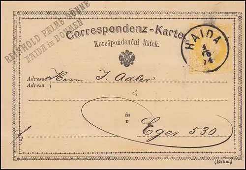Autriche Carte postale P 18a Bohême de HAIDA 4.10.1874 vers Eger
