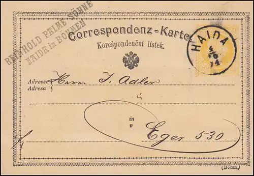 Österreich Postkarte P 18a Böhmen aus HAIDA 4.10.1874 nach Eger