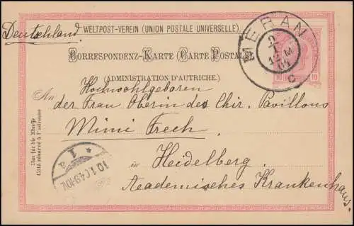 Autriche Carte postale P 140 I de Meran 9.1.2004 vers HEIDELBERG 10.1.04