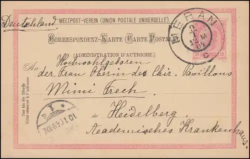 Österreich Postkarte P 140 I aus MERAN 9.1.1904 nach HEIDELBERG 10.1.04