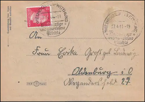 872 Freimarke als EF Faltbrief SSt WIESMOOR über WITTMUND 27.4.44 nach Oldenburg