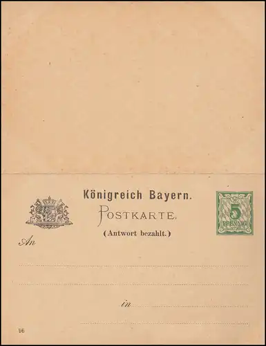 Bayern Postcard P 46/2 Double carte 5 Pf. vert WZ. 5Z avec DV 96, non utilisé