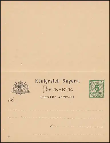 Bayern Postcard P 46/2 Double carte 5 Pf. vert WZ. 5Z avec DV 96, non utilisé