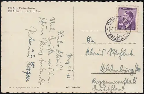 Bohême et Moravie Carte de vue Prague - Tour de poudre, PRAG / PRAHA 7.1.1943