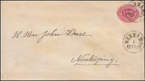 Schweden Umschlag U 4 Drei Kronen 10 Öre karmin WERNAMO / VÄRNAMO 1.11.1887