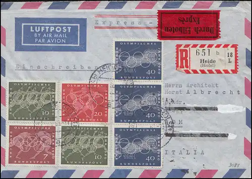 332-335 Olympia Sommerspiele - überkompletter Satz auf Eil-R-Brief HEIDE 12.9.60