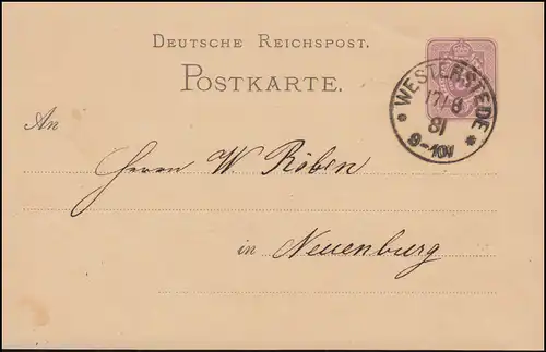 Postkarte P 10 Ziffer 5 Pfennig, Einkreis WESTERSTEDE 17.6.1881 nach Neuenburg