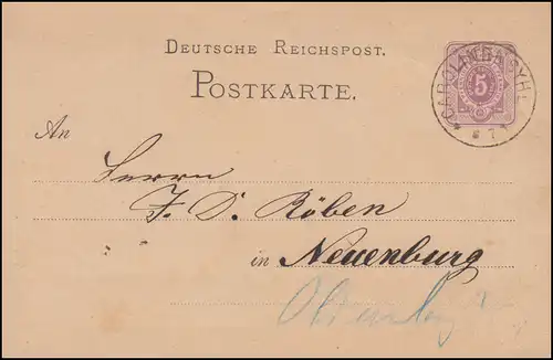 Carte postale P 5, paragraphe 5 Pfennige, encercle CAROLINENSYHL 1877 après Neuchâtel