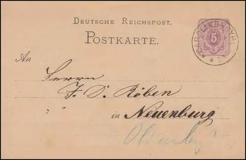 Postkarte P 5 Ziffer 5 Pfennige, Einkreis CAROLINENSYHL 1877 nach Neuenburg